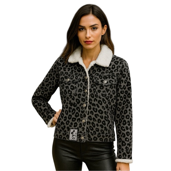 DISNEY Mickey Mouse leopard print grey black Sherpa shacket jacket crop coat S - Picture 3 of 17
